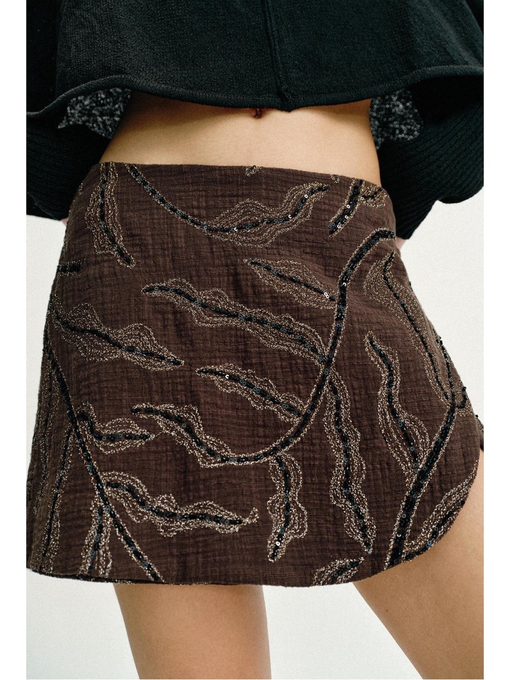 Zara Brown Sequin Wrap Skort, L
